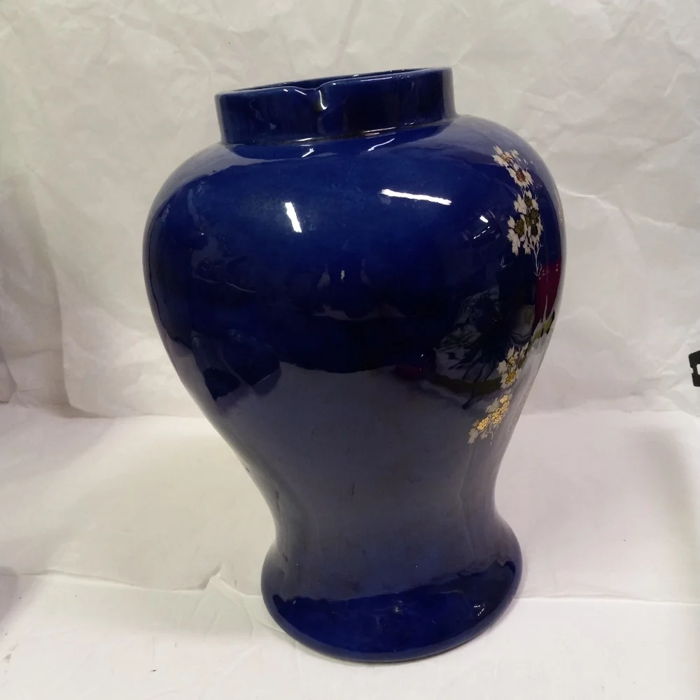 VINTAGE Satsuma Large Cobalt Blue Asian Vase  Peacock Floral